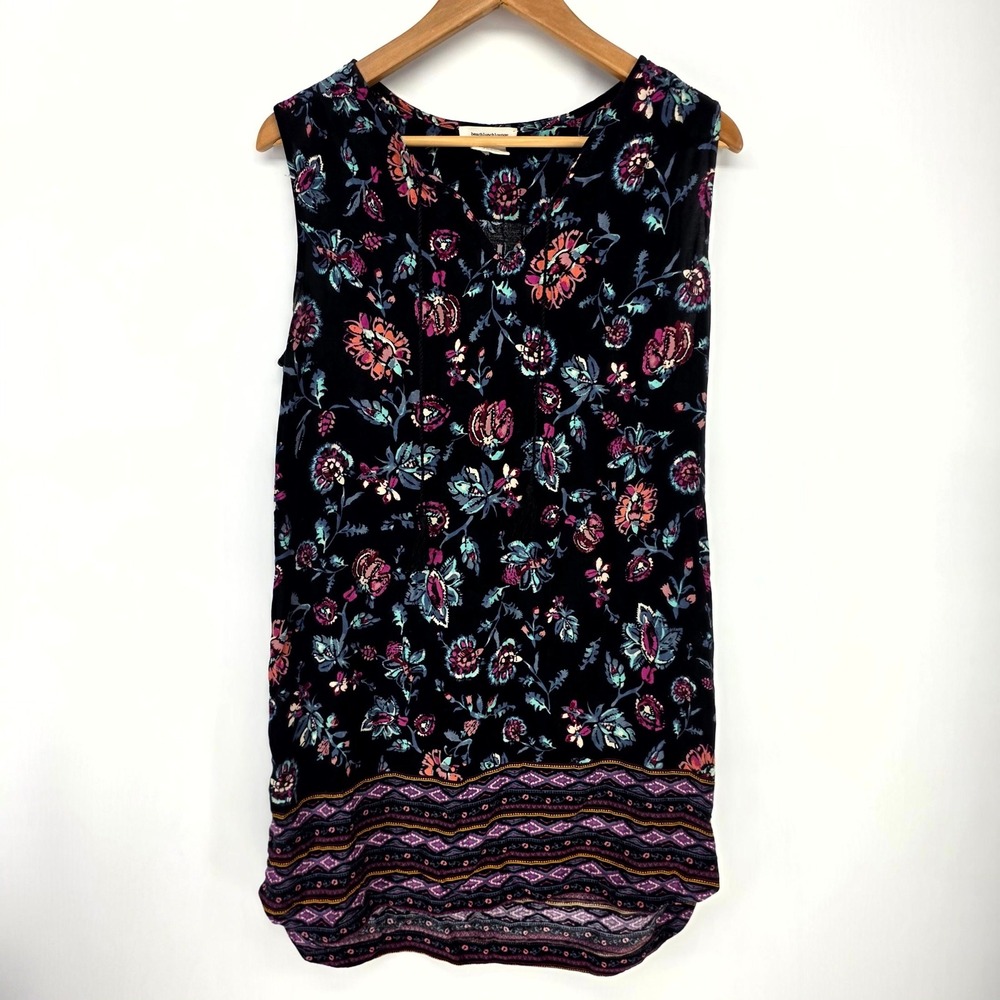 beachlunchlounge Tank Top Womens Large Black Floral Boho Tassel Rayon Blouse